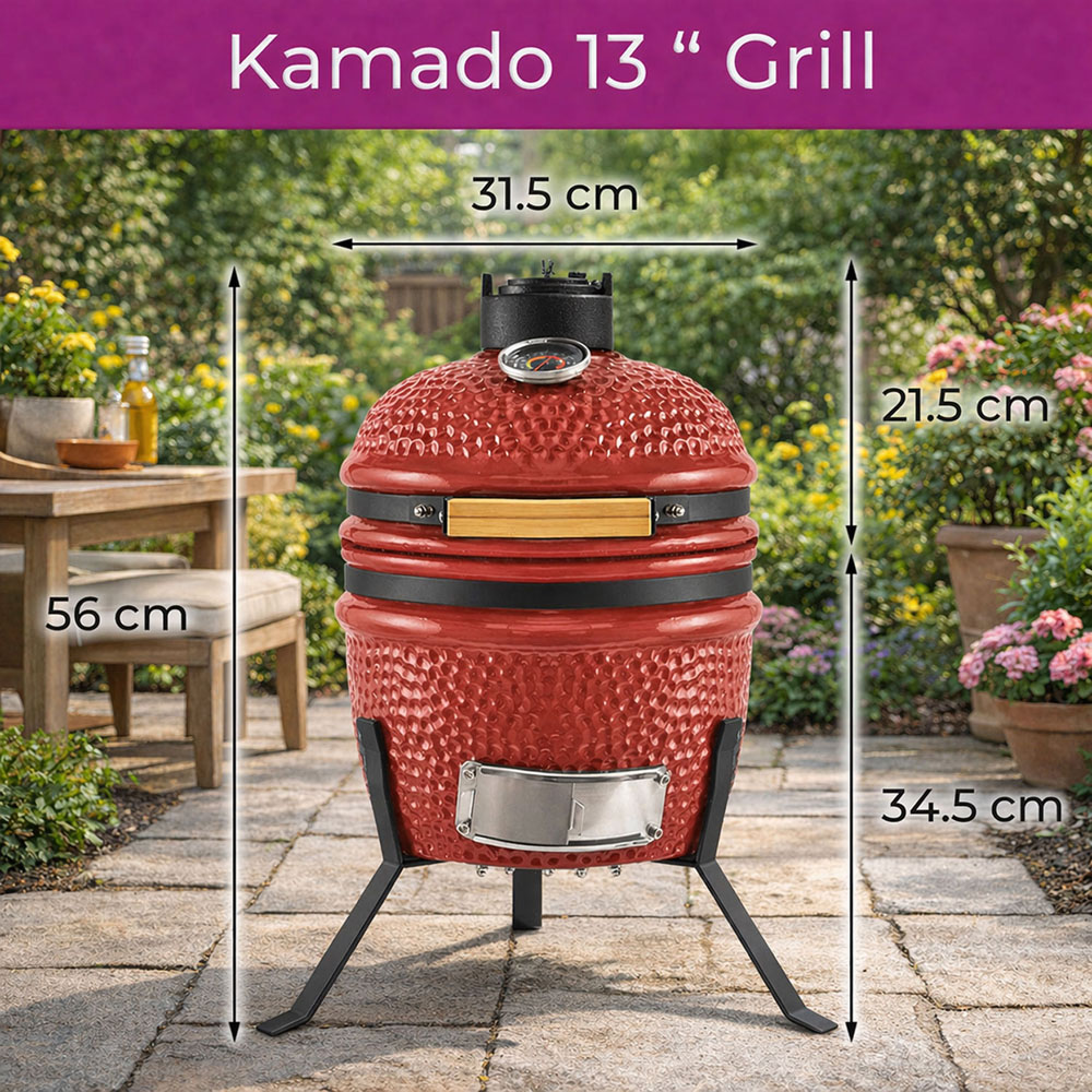 Neo Kamado Red Portable Ceramic 13 inch Mini BBQ Grill Smoker with Stand Image 8