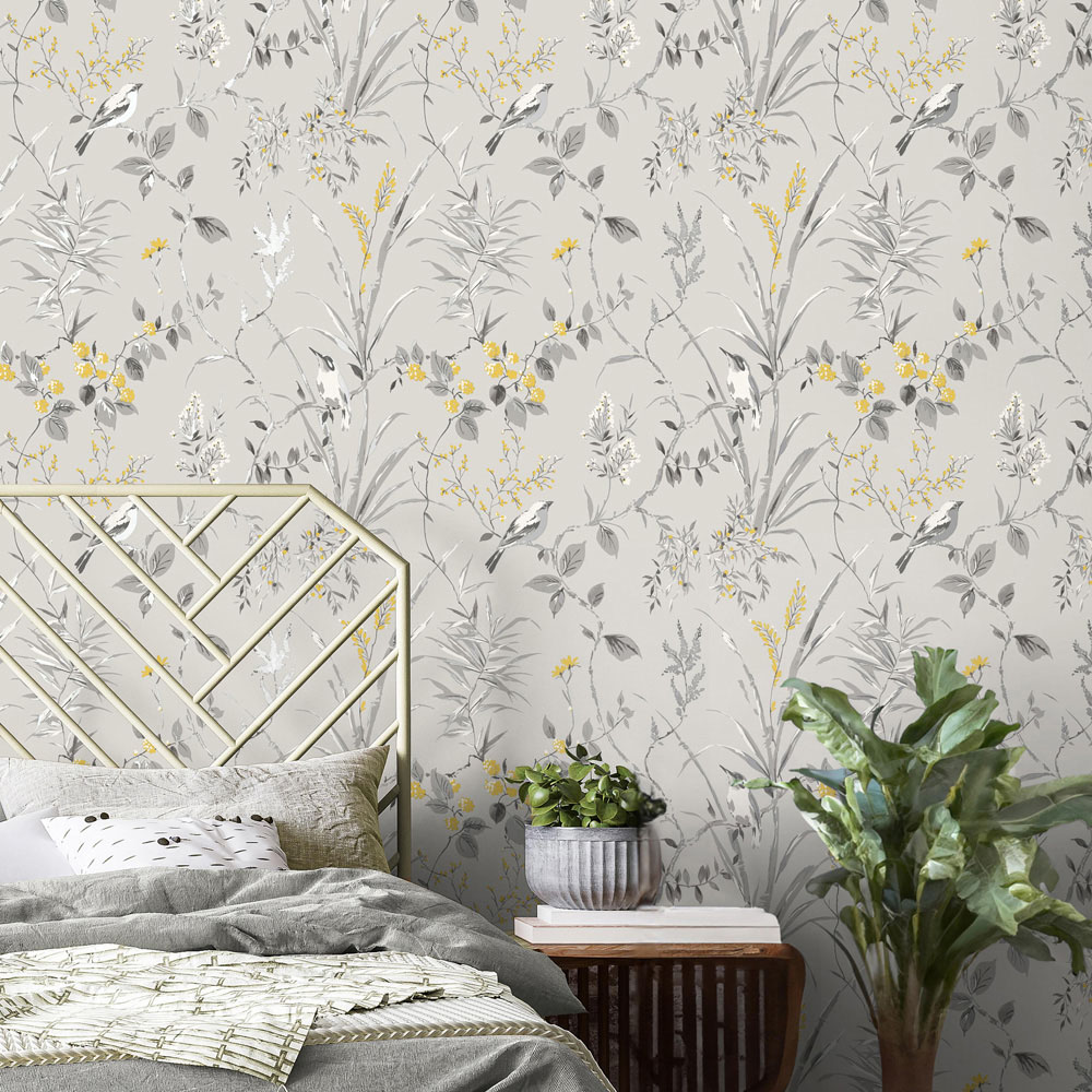 Crown Mariko Floral Grey and Yellow Wallpaper Image 7
