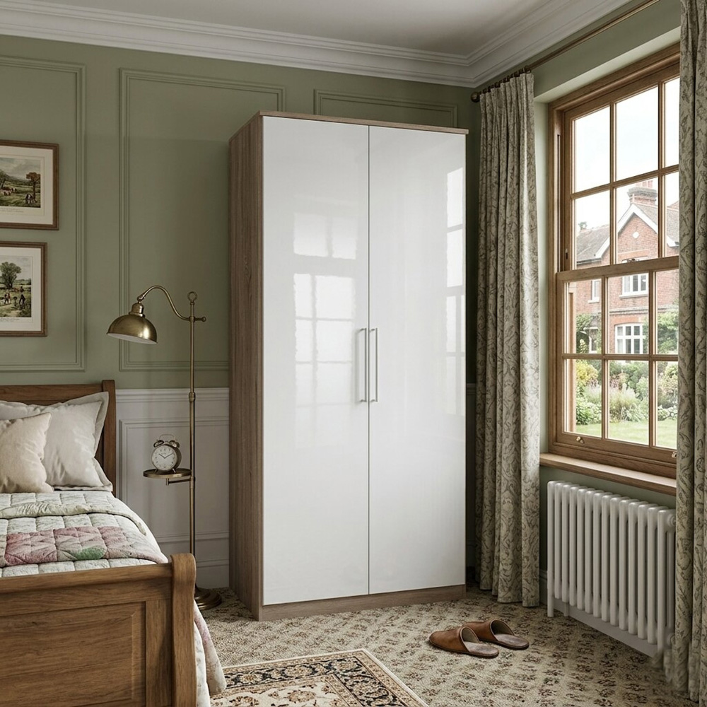 TJ'S Omega 2 Door Oak and High Gloss White Wardrobe Image 4