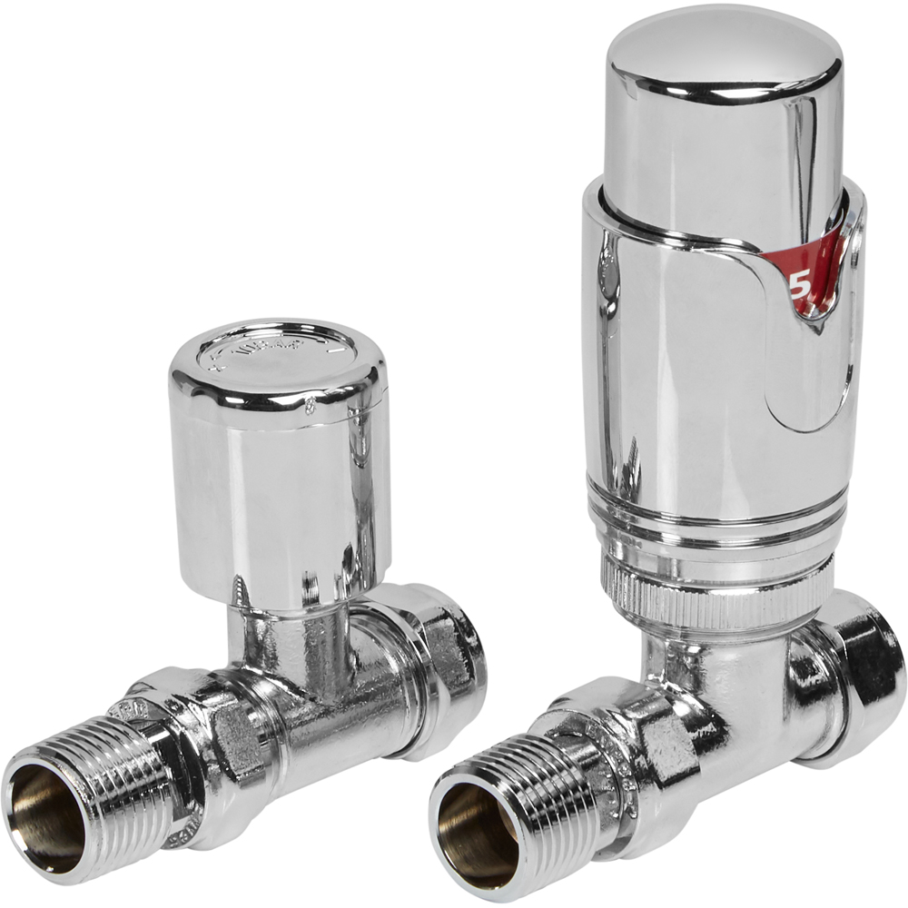 Towelrads Chrome Straight TRV and Lockshield Set 15mm x 1/2inch Image 1