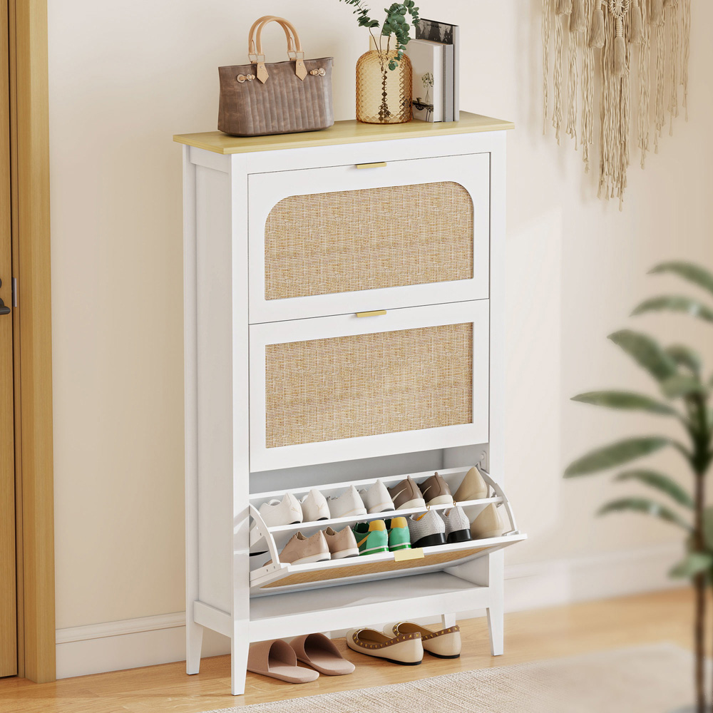HOMCOM Boho 21 Pair White Rattan Slim Shoe Cabinet Image 2