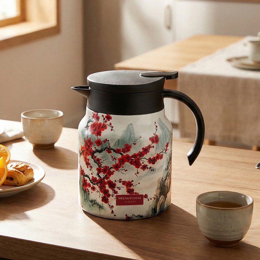 Living and Home Plum Blossom Vintage Floral Stainless Steel Thermal Teapot with Infuser 1L Image 7