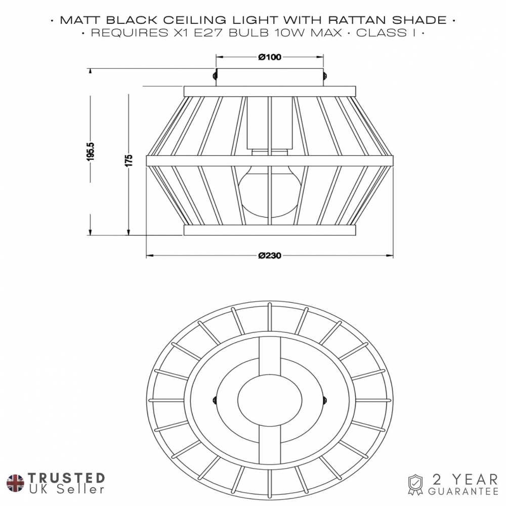 Happy Homewares Black Metal Ceiling Light with Outer Bamboo Frame Image 6