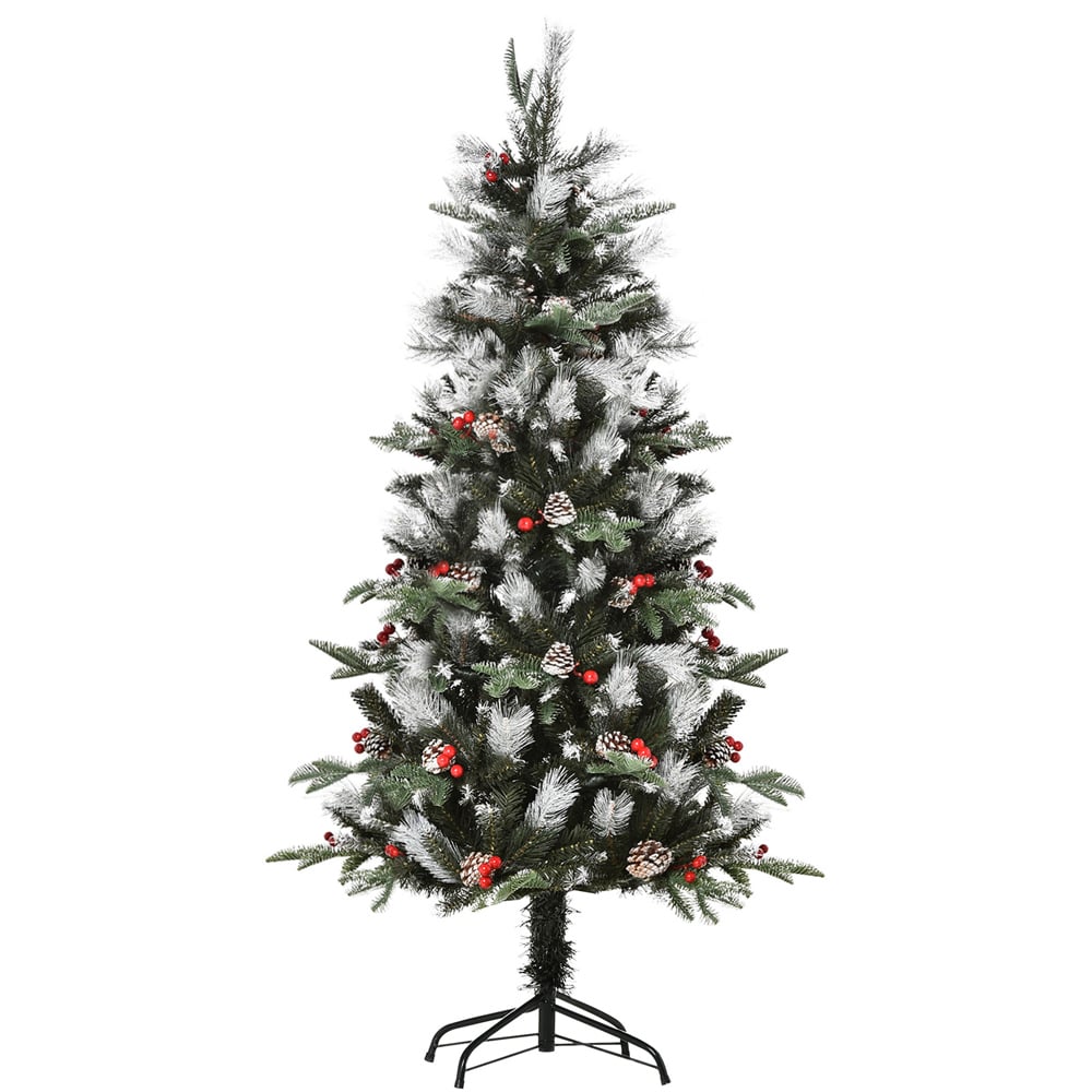 Everglow Green Pencil Snow Dipped Artificial Christmas Tree with Red Berries and Pinecones 5ft Image 1