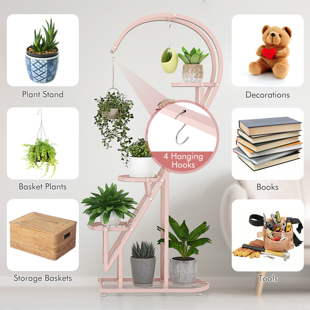 Costway Pink and Blue Metal Plant Stand with Hanging Hooks Image 8