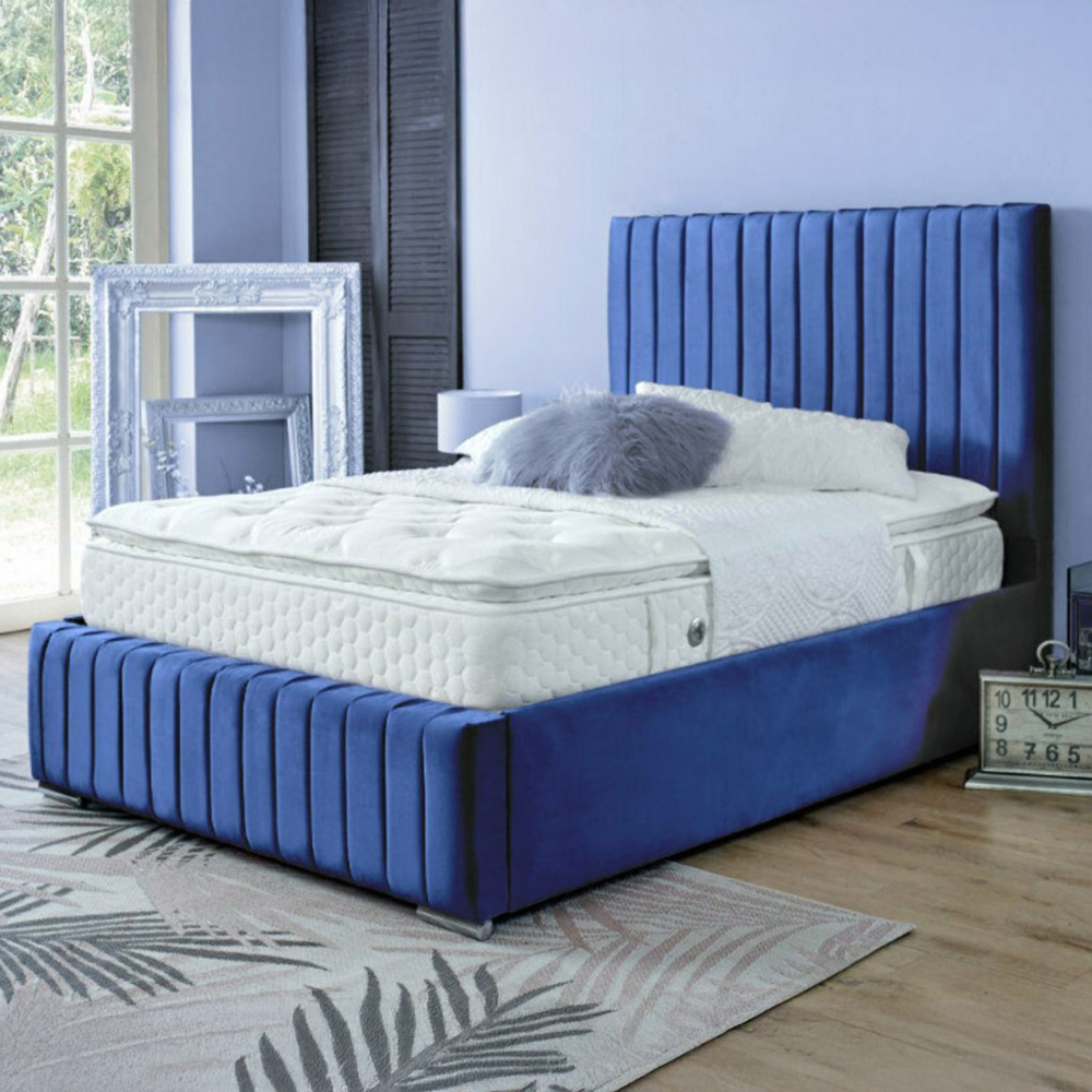 DS Living Savoy Super King Size Blue Panel Line Soft Velvet Bed Frame Image 1