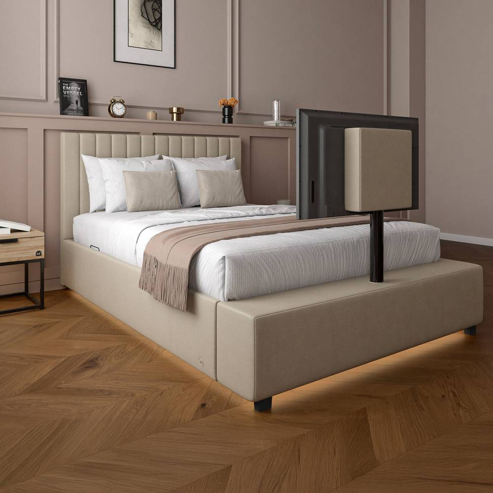 XR Living Maisie King Natural Stone Velvet Ottoman TV Bed with LED Under Frame Image 2