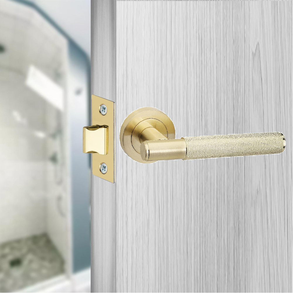 Golden Grace Knurled T-Bar Satin Brass Door Handles Set Image 2
