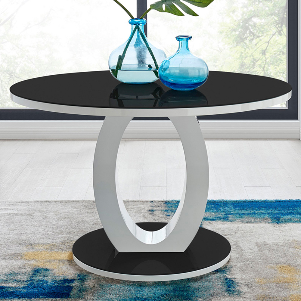 Furniturebox Lucia 4 Seater Black and White High Gloss and Glass Round Dining Table Image 1