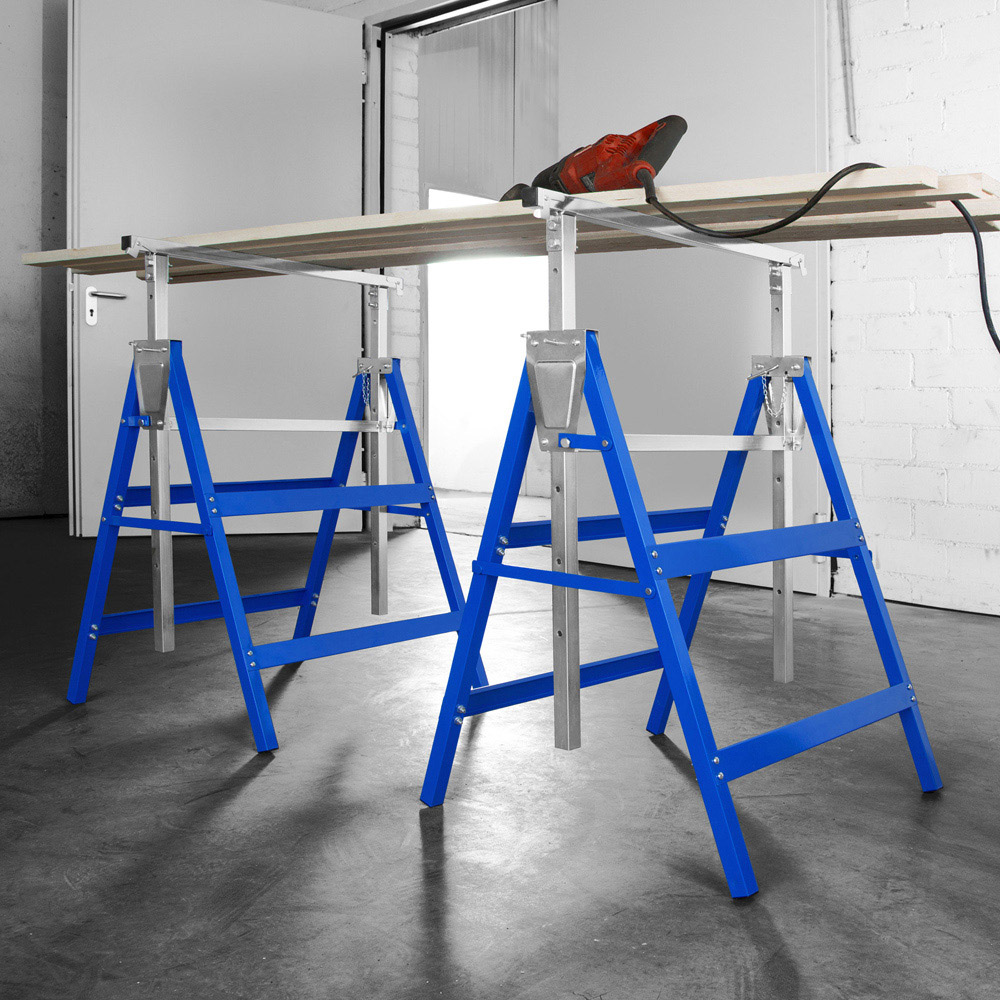 tectake Blue 7 Step Height Adjustable Foldable A Frame Scaffold Trestle Set 2 Pack Image 2