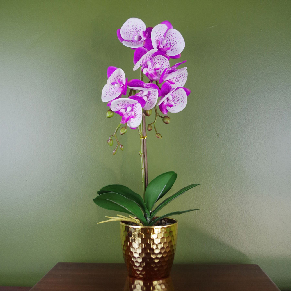 Botanik Purple White Phalaenopsis Orchid Artificial Plant in Gold Pot 50cm Image 2