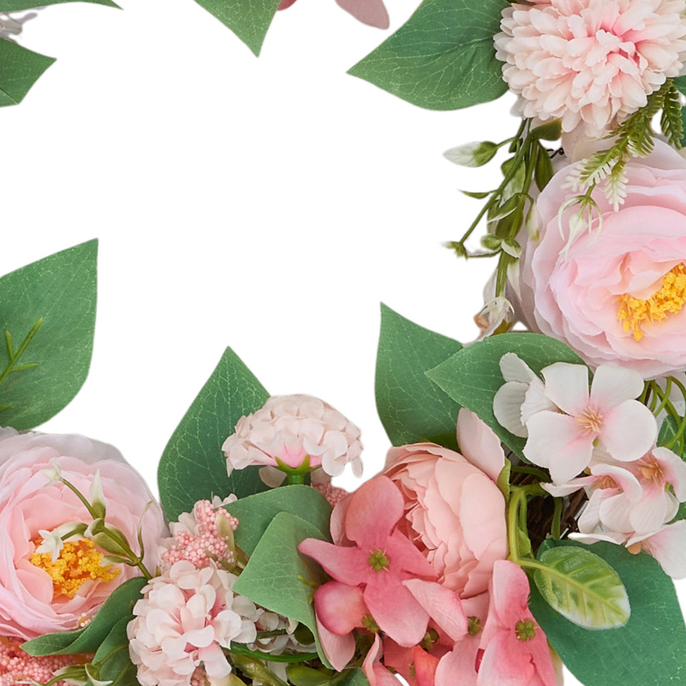 Living and Home Artificial Pink Ranunculus and Camellia Door Wreath 40cm Image 6