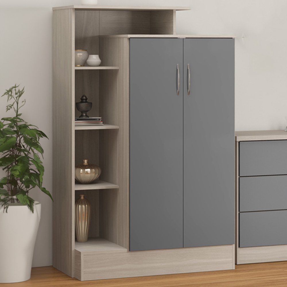 Seconique Nevada 2 Door Grey Gloss and Light Oak Petite Open Shelf Wardrobe Image 1