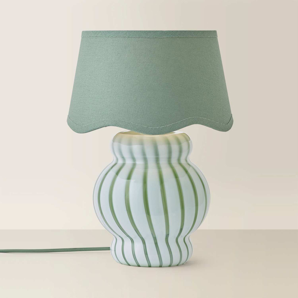 ValueLights Taffy Sage Scallop Shade Green Stripe Glass Table Lamp with Bulb Image 5