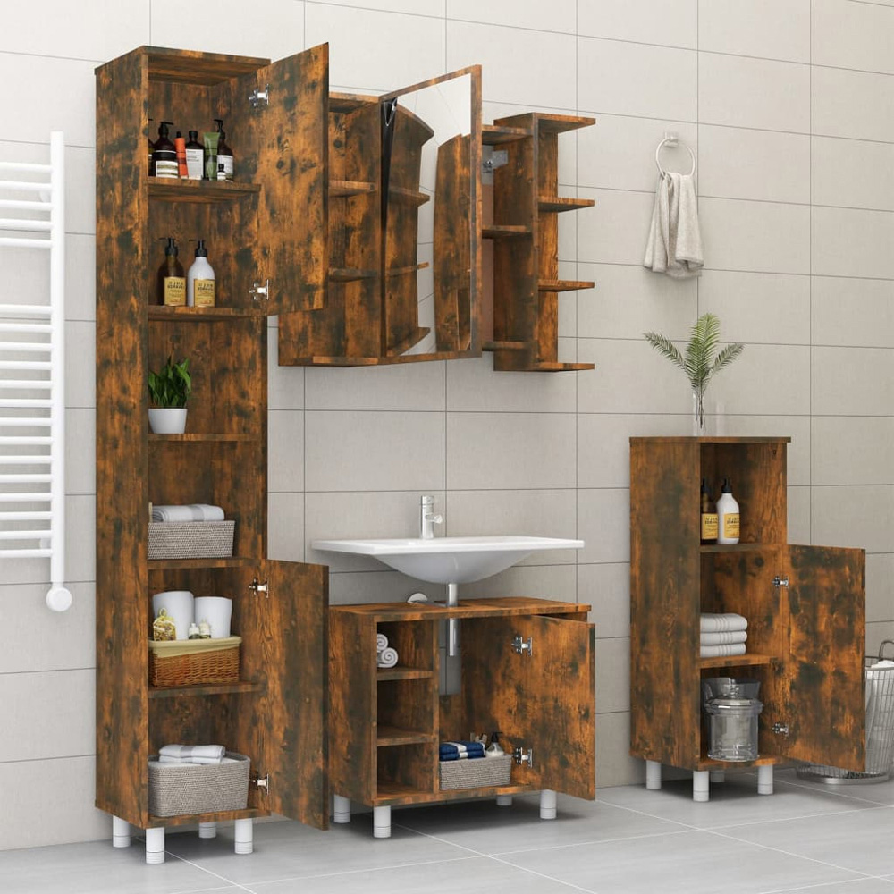 vidaXL Single Door 6 Shelf Smoked Oak Bathroom Mirror Cabinet Image 9