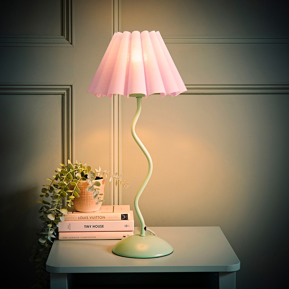 ValueLights Wiggle Lilac and Moss Green Pleated Scallop Shade Table Lamp and LED Bulb Image 2