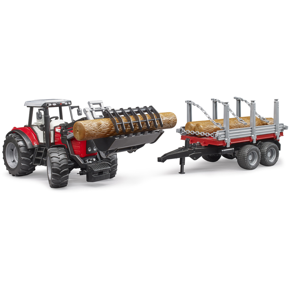 Bruder Kids Massey Ferguson 7480 Tractor Playset Model with Frontloader and Timber Trailer Image 4