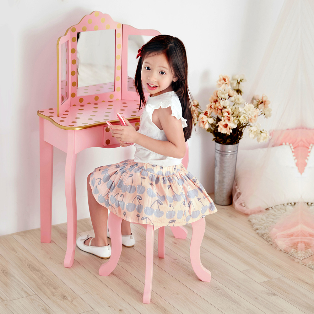 Teamson Kids Gisele Play Single Drawer Pink and Gold Polka Dot Prints Toy Vanity Set Image 7