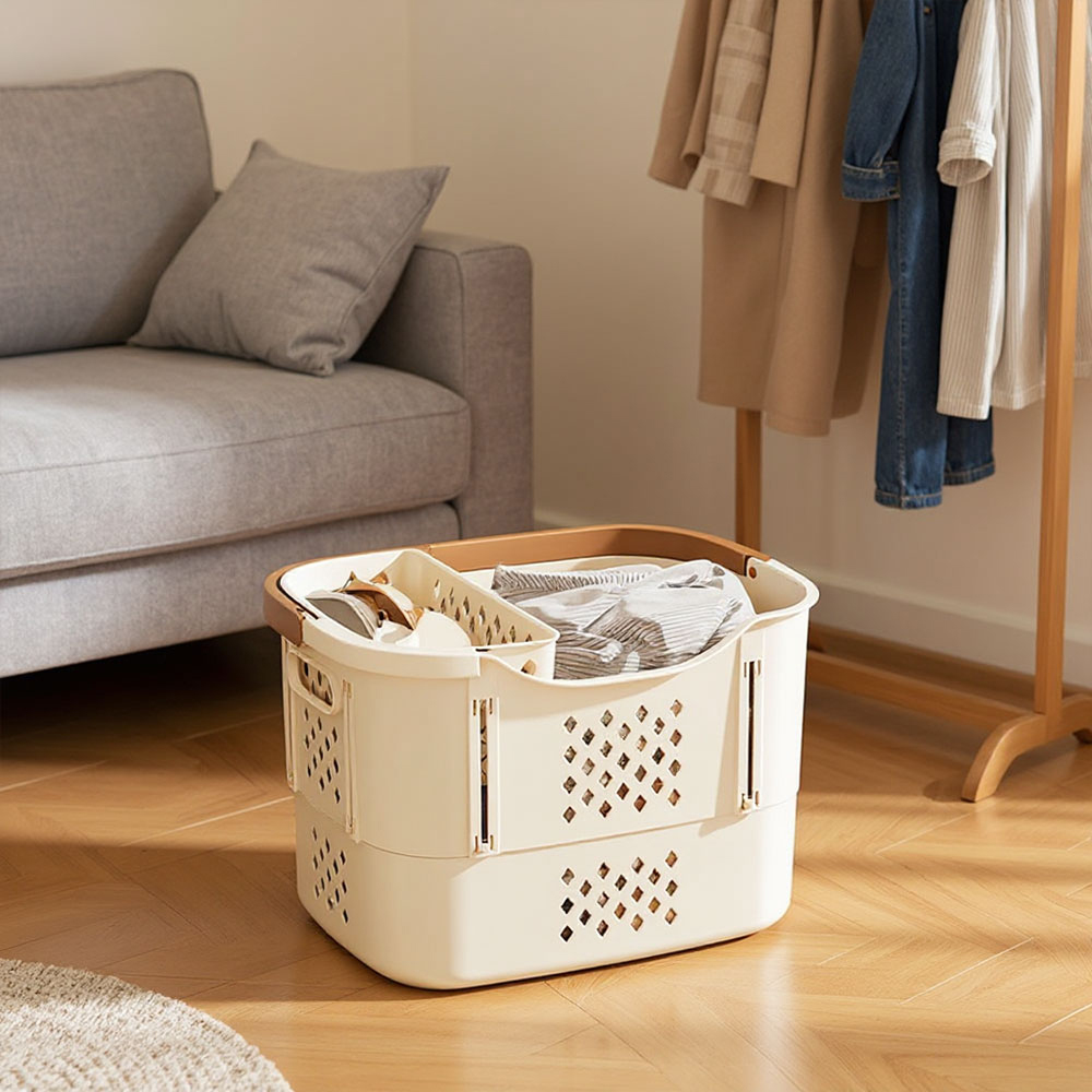 Living and Home Creamy White Freestanding Collapsible Portable Small Laundry Basket Image 7