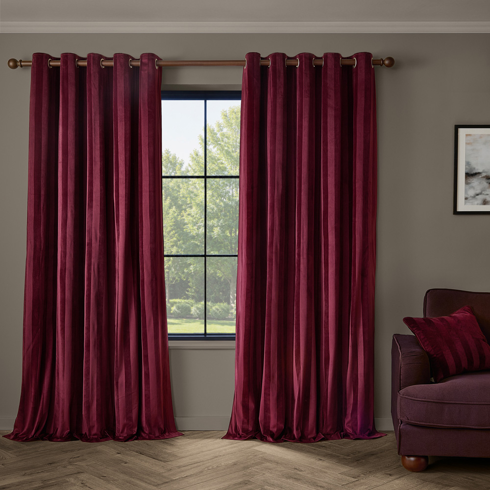 Paoletti Regency Burgundy Stripe Velvet Lined Eyelet Curtains 229 x 229cm Image 5