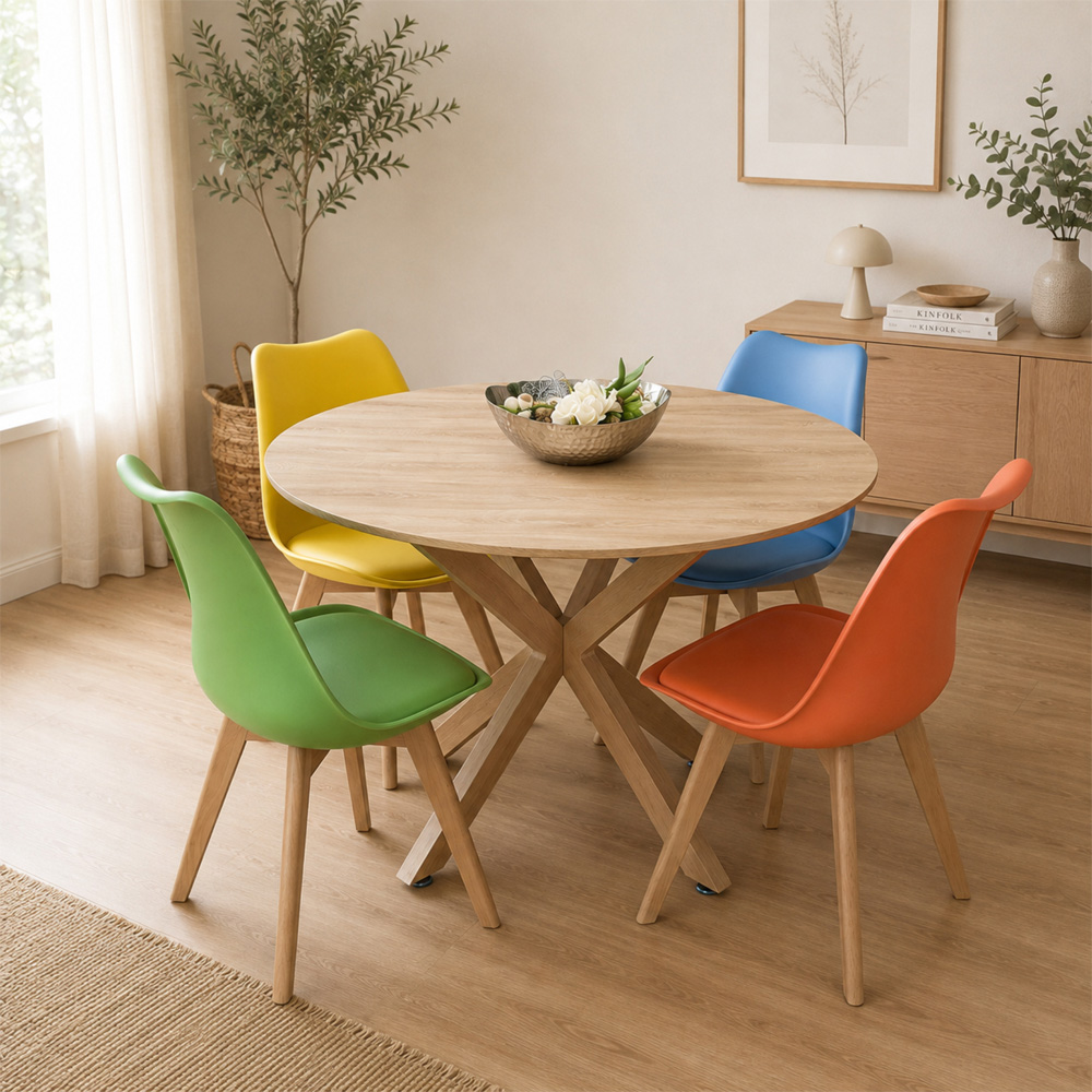 Kosy Koala 4 Seater Wood Effect Faux Leather Round Dining Set Multicolour Image 1