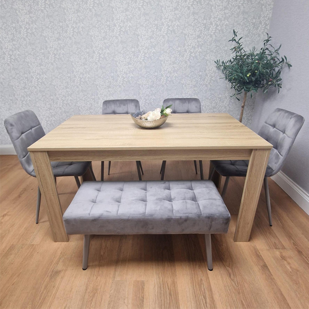 Kosy Koala 6 Seater Dining Set with Bench Oak Effect and Grey Velvet Image 1