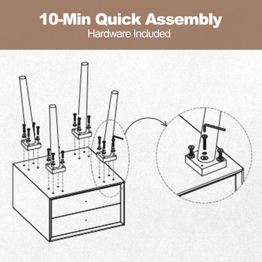 Costway 2 Drawer Rustic Brown Rubber Wood Legs Bedside Table with USB Port Image 7