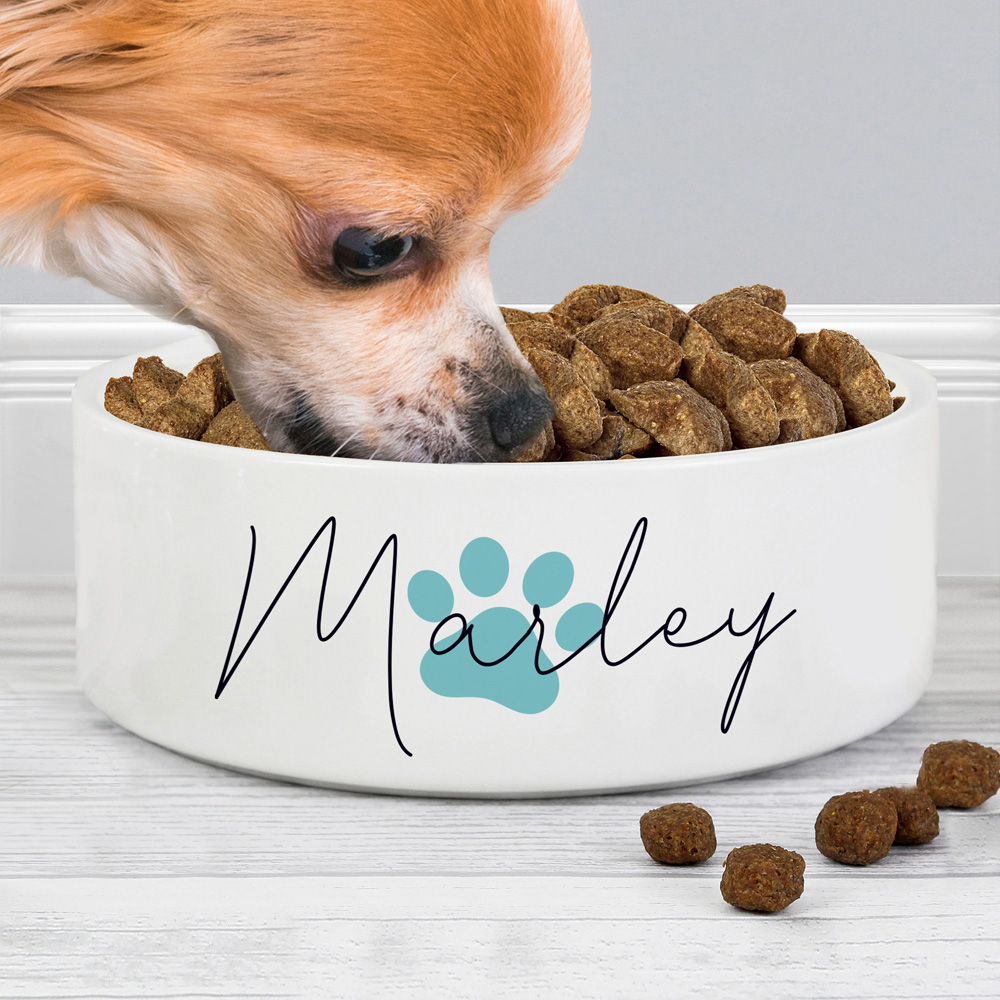 Personalised Memento Blue Paw Print Name Medium Pet Bowl 14cm Image 3