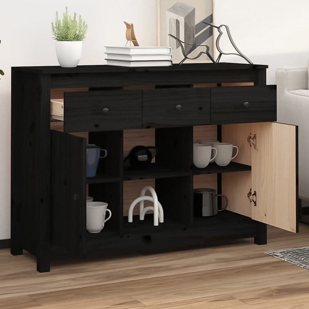 vidaXL 2 Door 3 Drawer 2 Shelf Black Wooden Sideboard Image 1