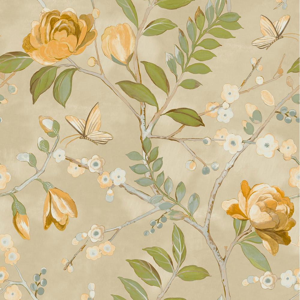 Grandeco Lola Painted Floral Trail Yellow Wallpaper Image 1