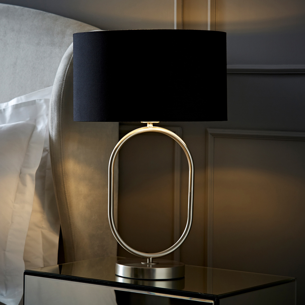 ValueLights Antonia Black with Chrome Drum Shade Brushed Chrome Oval LED Table Lamp Image 2