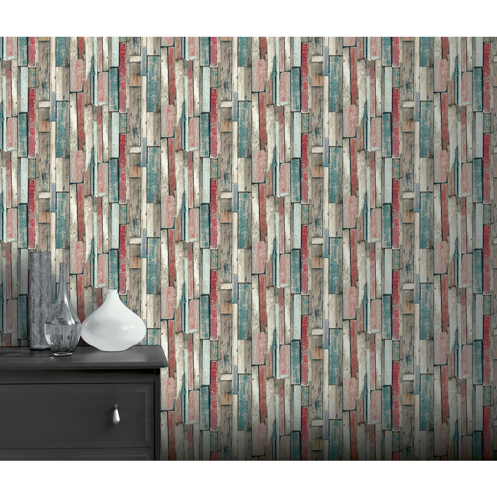 Wilko Industrial Wood Red and Teal Wallpaper Image 2