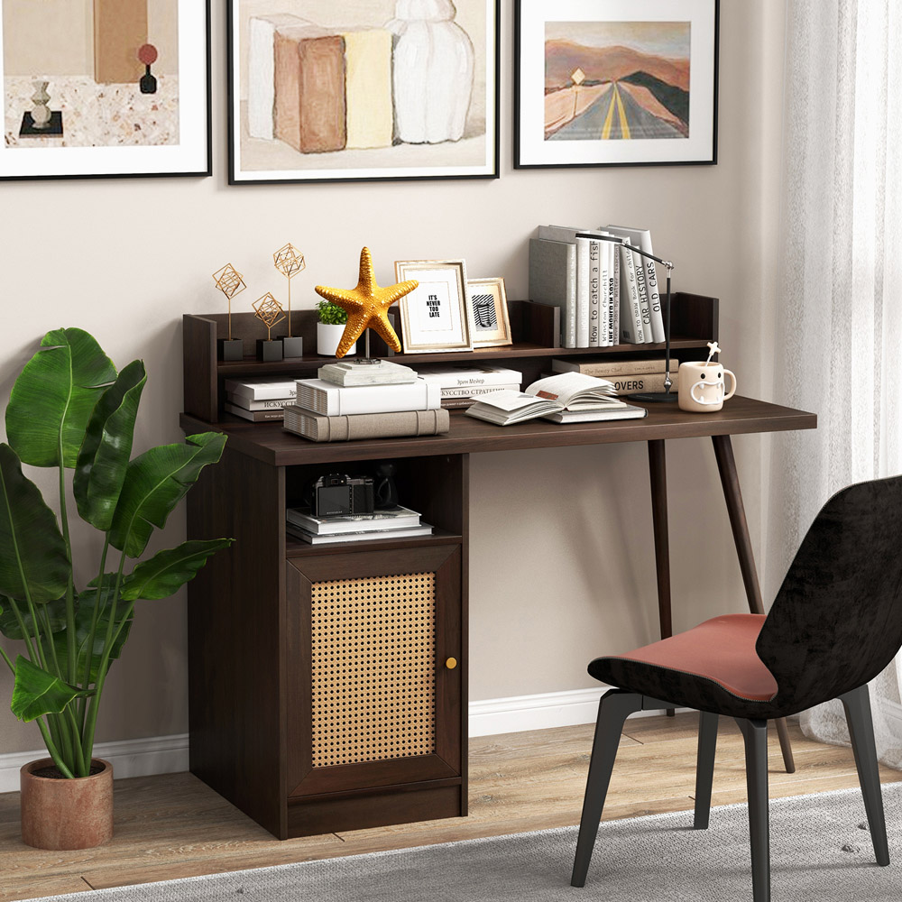 Costway Single Door PE Rattan Mid Century Computer Desk Walnut Image 5