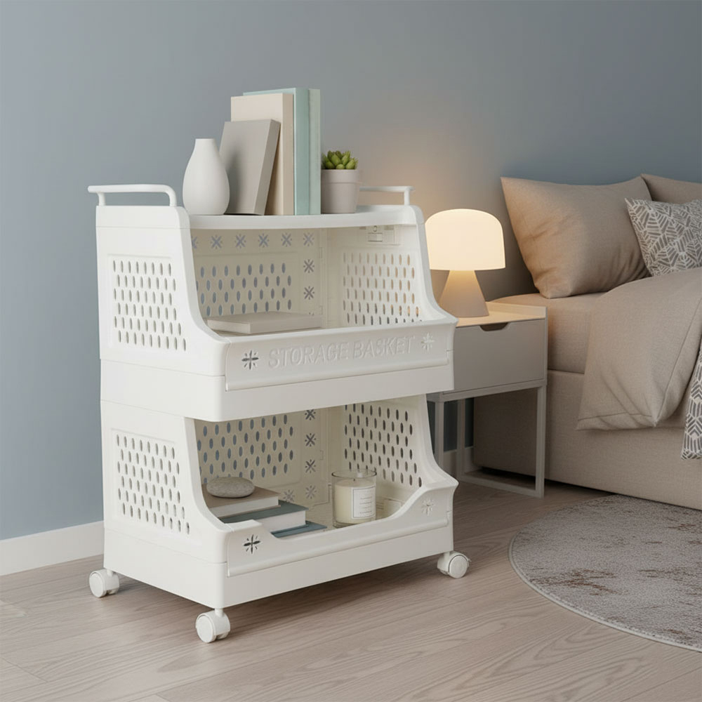 Living and Home 3-Tier White Foldable Plastic Storage Trolley Cart with Handles Image 7