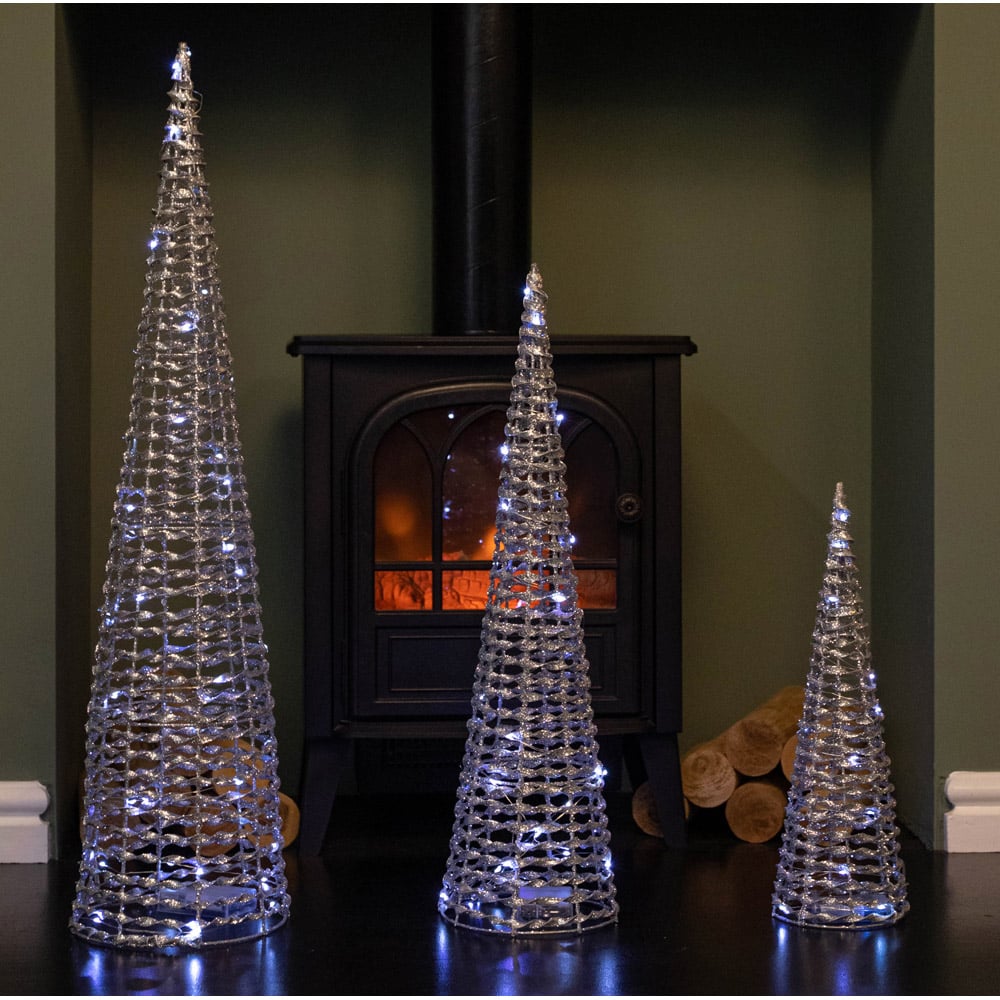 Samuel Alexander Cool White LED Pre Lit Silver Glitter Twist Cone Christmas Tree Set of 3 Image 1