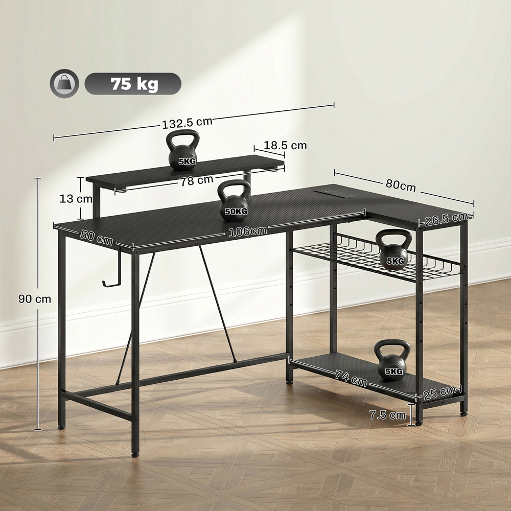 HOMCOM 3 Shelf L-Shaped Office Desk with LED Black Image 9