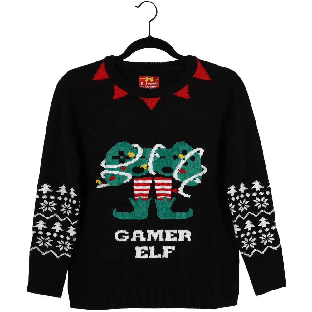 Kids Black Gamer Elf Christmas Jumper 8-10 Years Image 1
