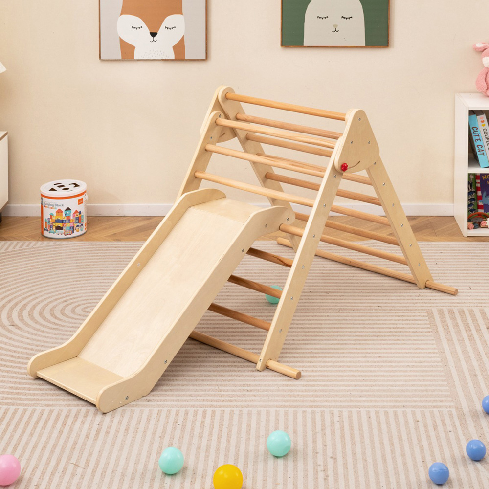 Costway Kids Natural Pikler Triangle Set with Slide Image 2