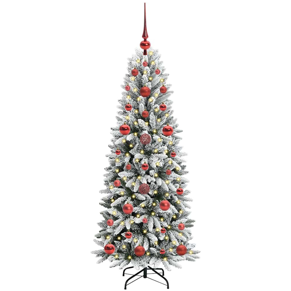 vidaXL Pre-Lit Red Baubles Artificial Snow Flocked Christmas Tree 4ft Image 1