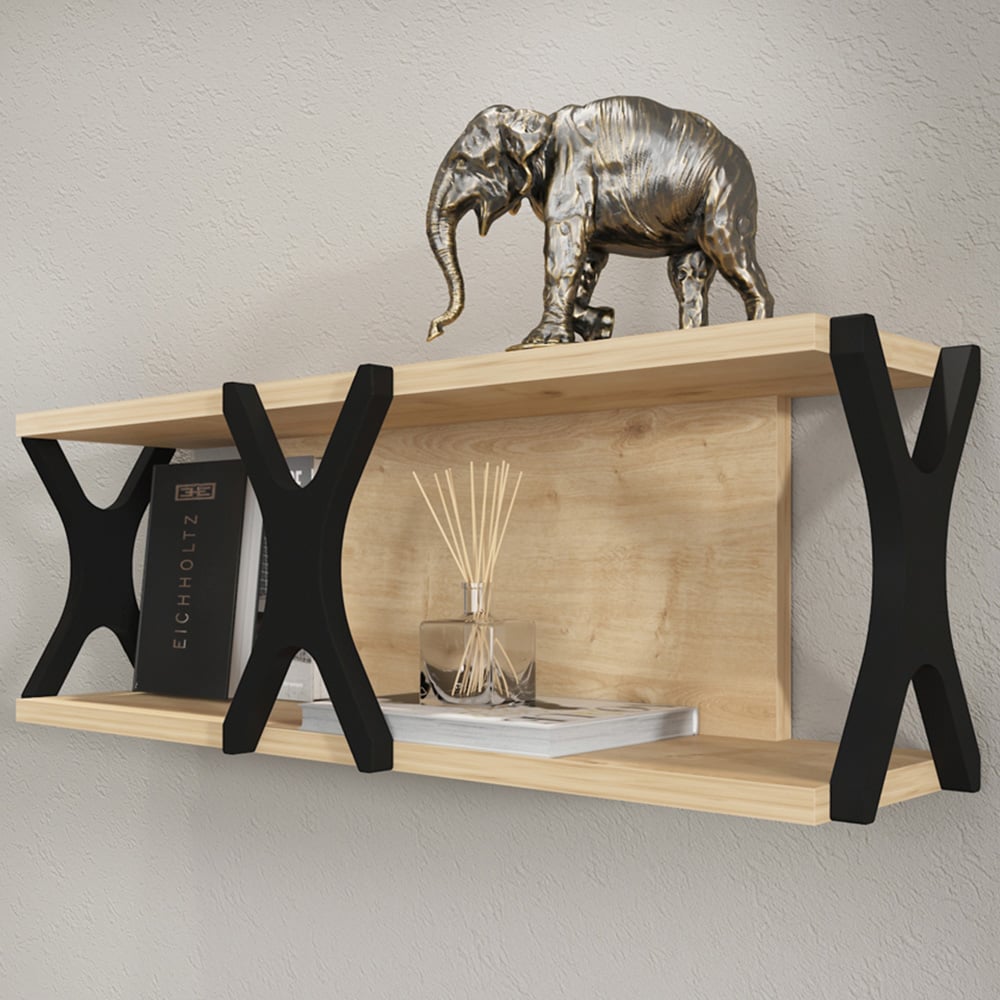 Decorotika Seza Single Shelf Oak and Black Practical Wall Mount Shelf Image 1