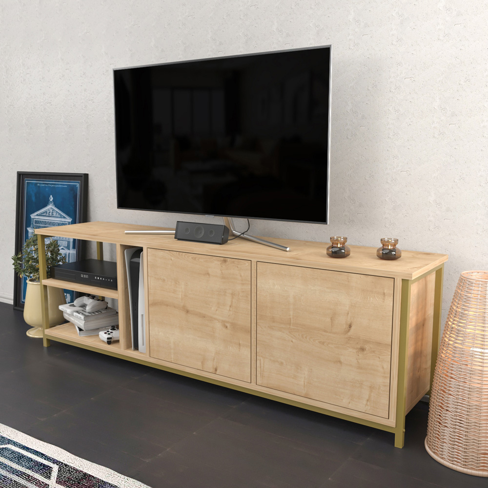 Decorotika Primrose 2 Door 3 Shelf Gold and Oak TV Stand for 72 inch TV Image 6