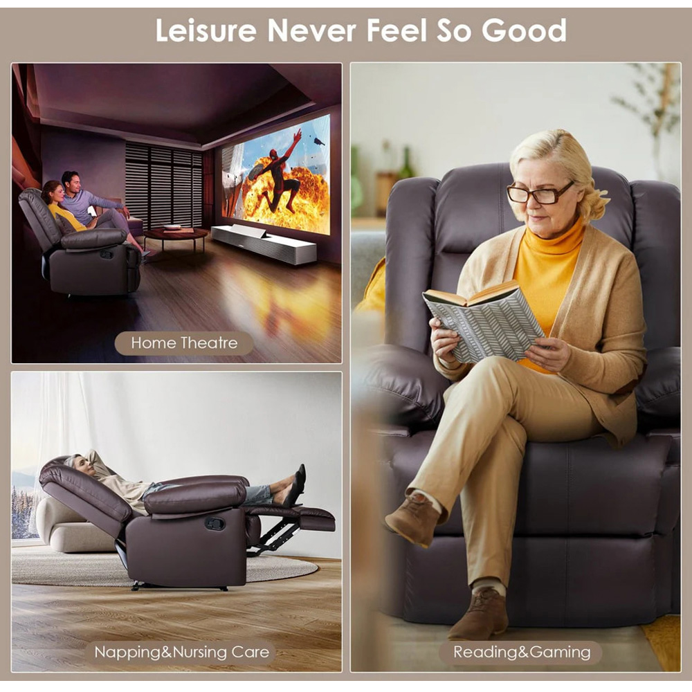 Rattrix Brown PU Leather Manual Reclining Chair with Padded Backrest and Retractable Footrest Image 6
