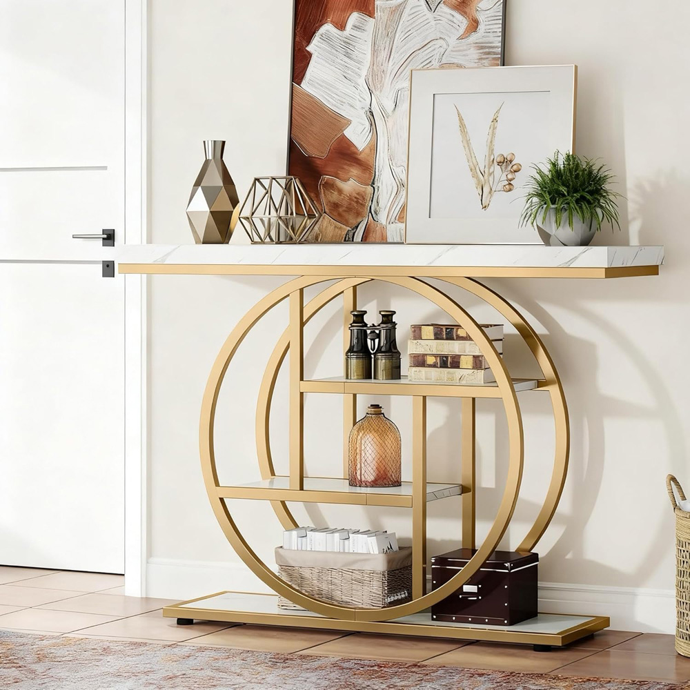 Alivio 4-Tier White and Gold Rustic Wood Double Round Metal Frame Console Table Image 3