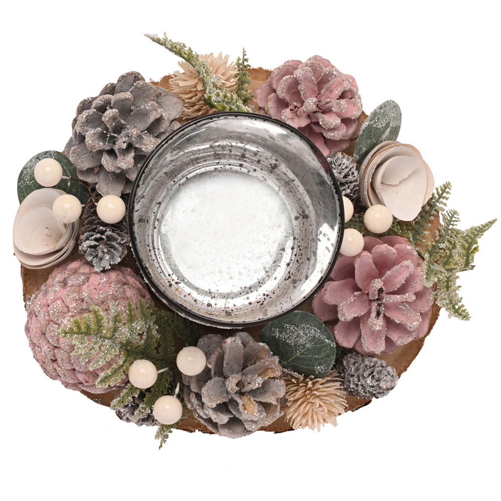 The Seasonal Gift Co. Blush Pink Foliage Mercury Glass Candle Holder with Log Slice Board Image 3