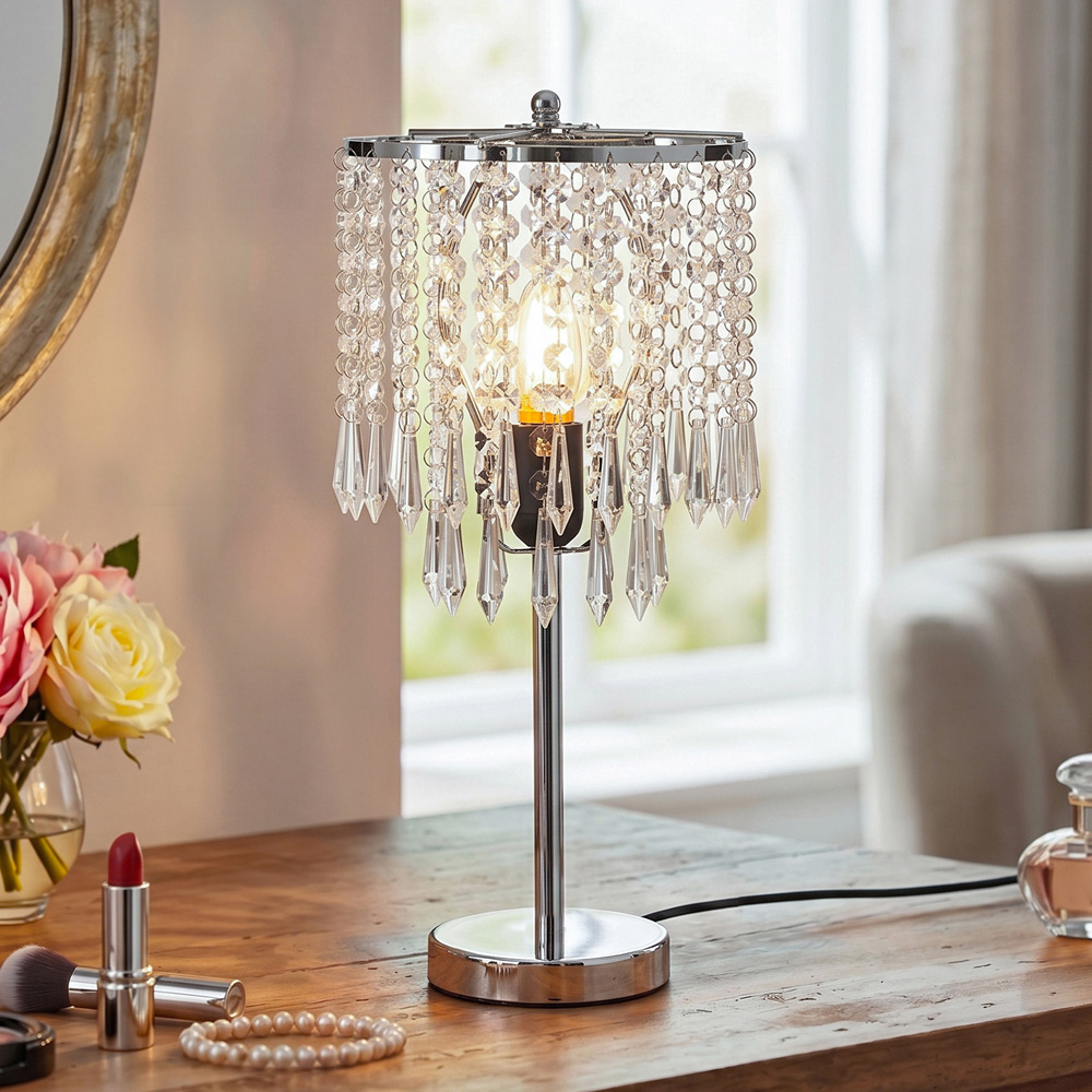 Living and Home E27 Screw Silver Crystal Beaded Shade Table Lamp 45cm Image 2