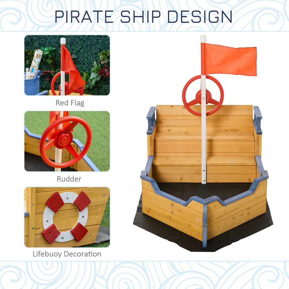 Outsunny Kids Wooden Pirate Ship Sandbox Image 4