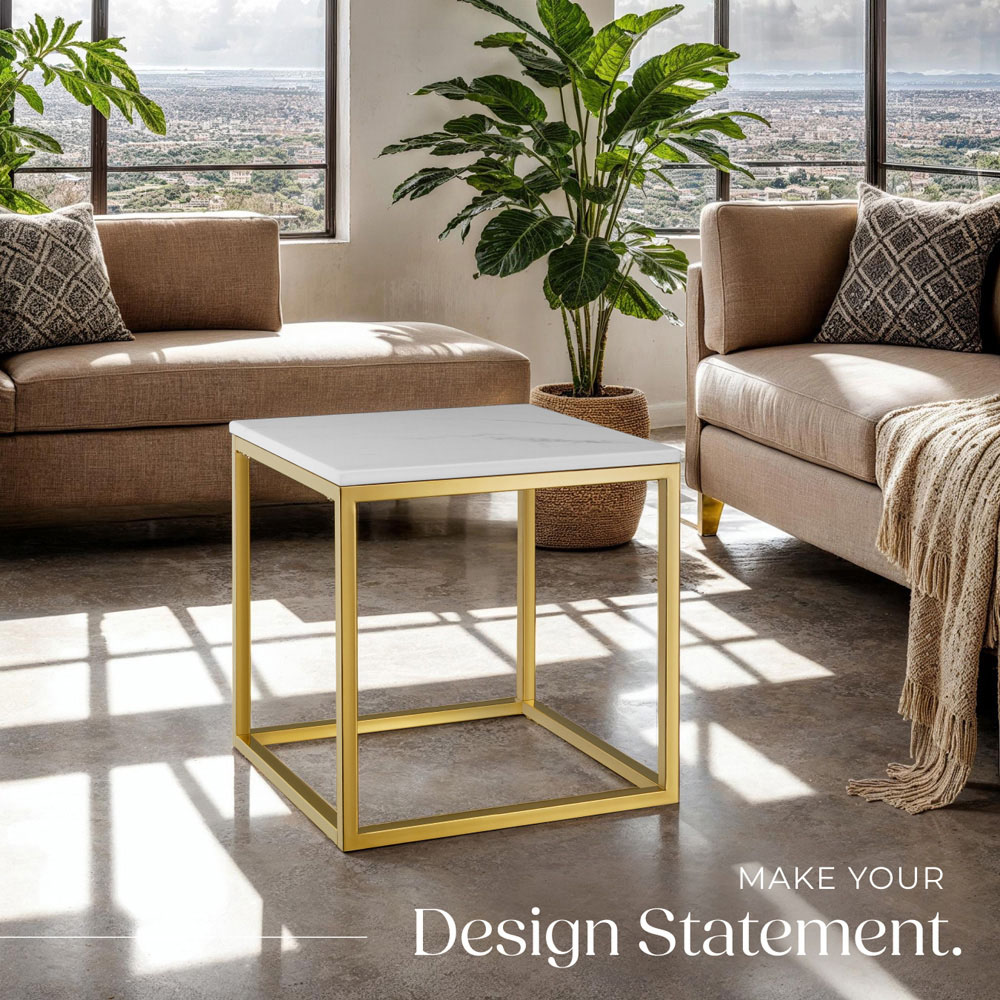 tectake Alysia Gold and White Marble Top Square Side Table Image 7