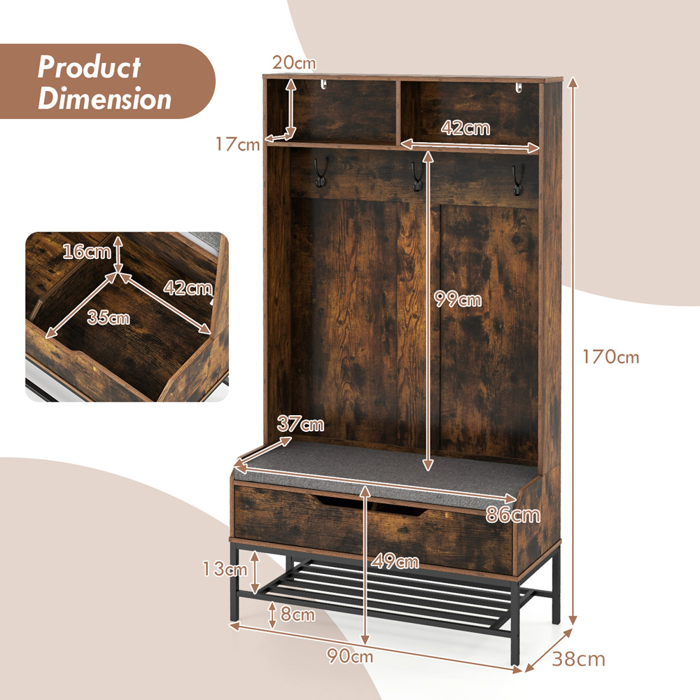 Costway 4 in 1 Rustic Brown Coat Rack with Seat Cushion Image 9