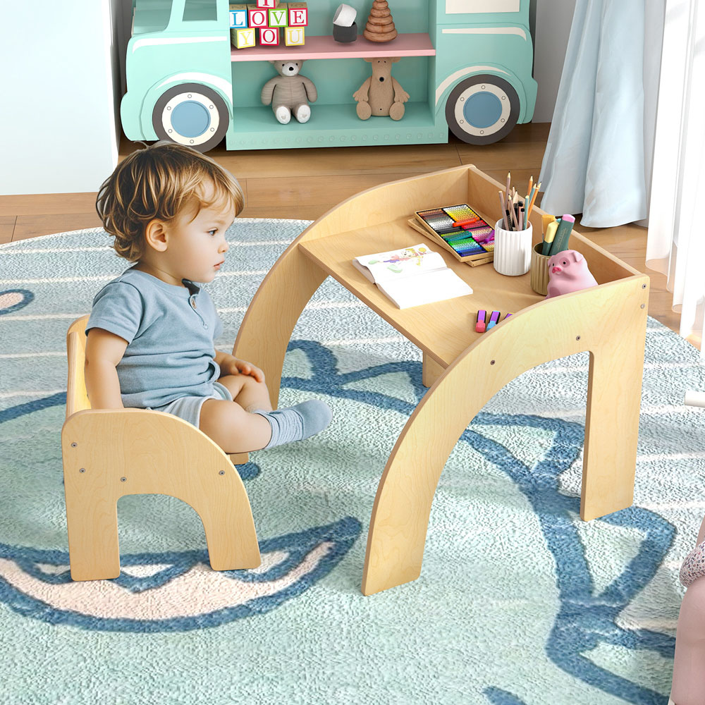 Costway Natural Wooded Toddler Kids Desk Set Image 4