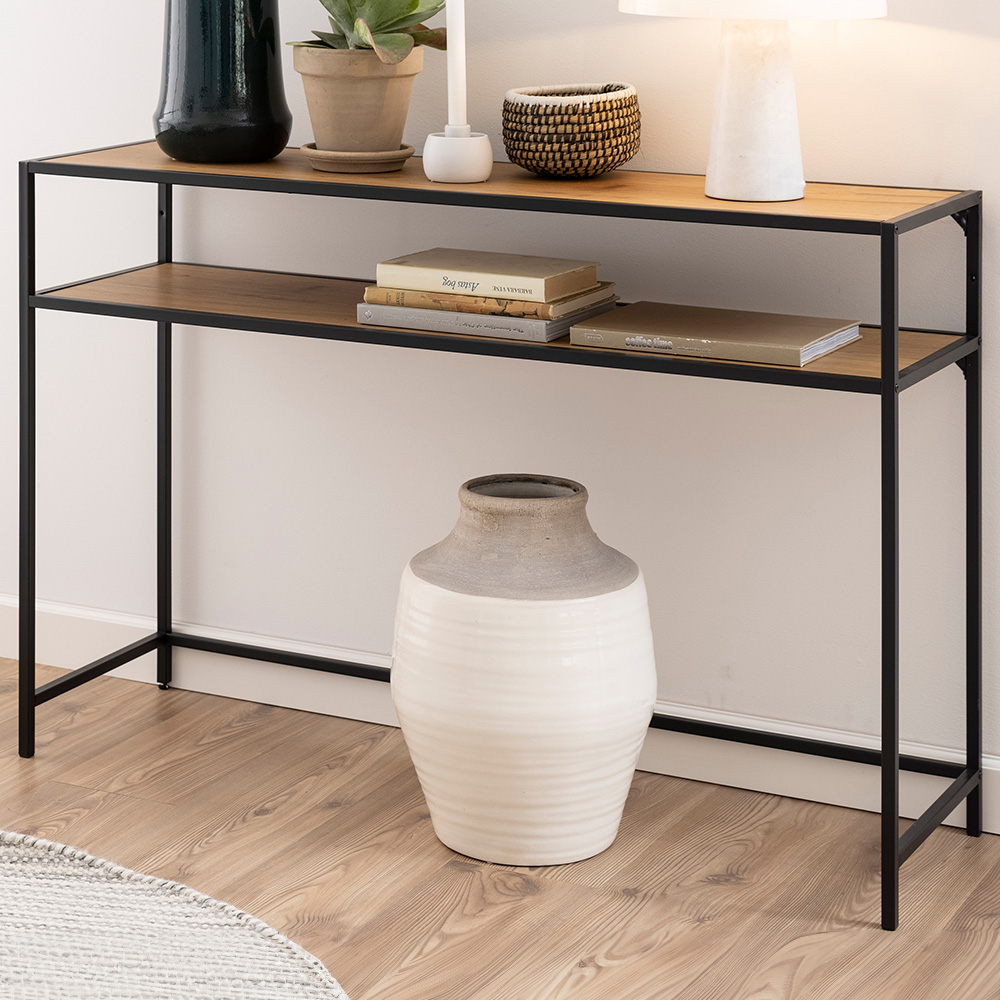 Florence Seaford Single Shelf Oak Top Black Metal Console Table Image 1